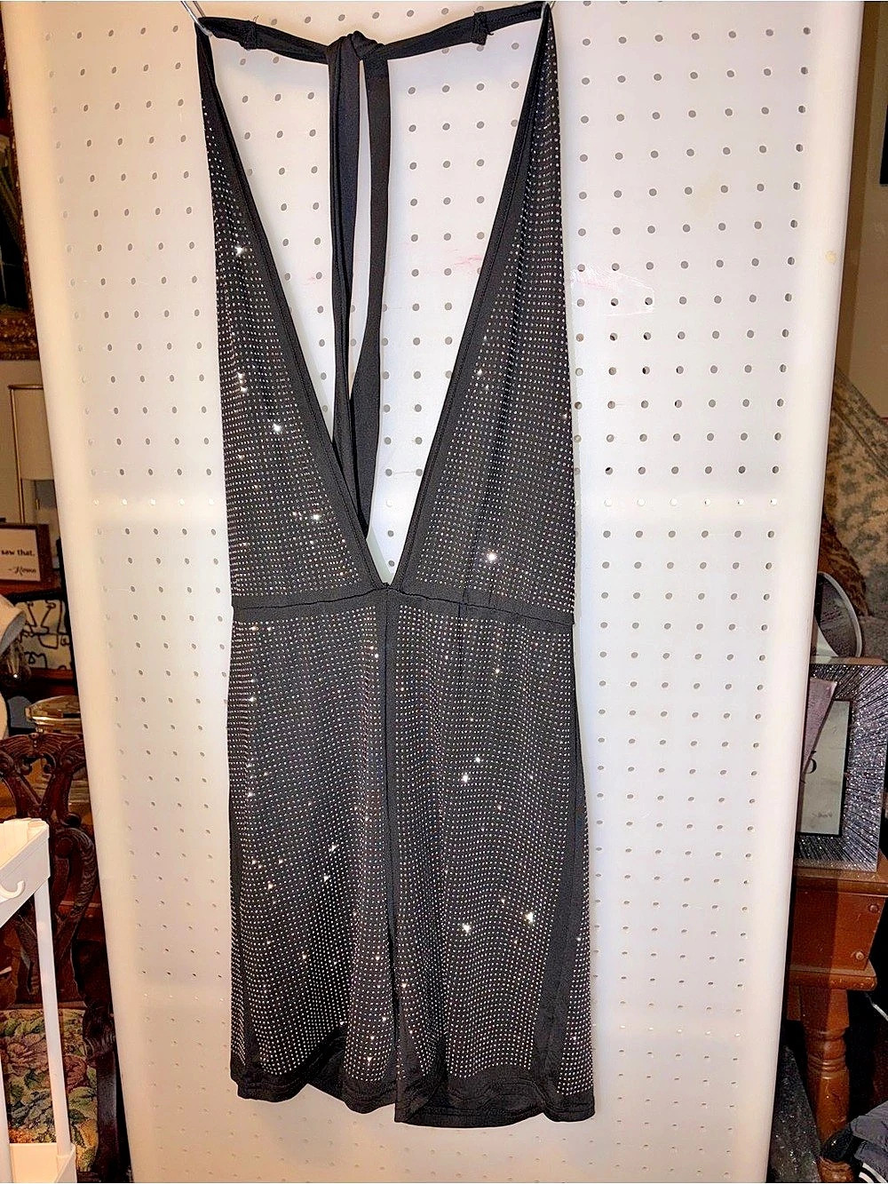 Daisy Black Rhinestone Mesh Mini Rhomper Like New Large